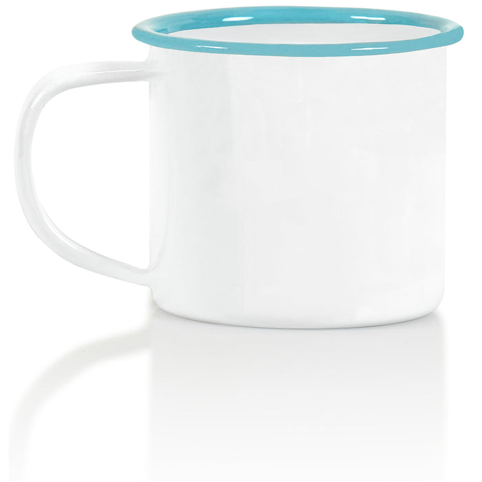 Red Co. Set of 6 Enamelware Metal Small Classic 5 Oz Round Coffee and Tea Mug with Handle, Solid White/Teal Rim