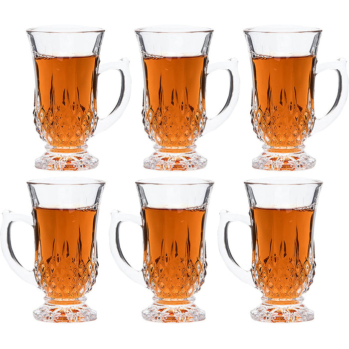 Red Co. 6-Pack Classic Clear Cut Glass 4.5 Oz Footed Turkish Tea Cups with Handles, Etched Design