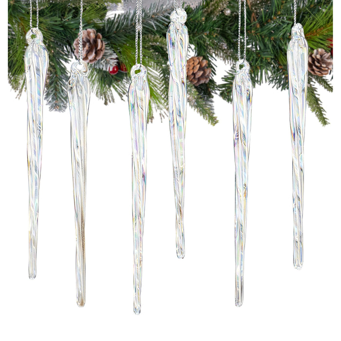 Red Co. Set of 6 Decorative 5.5” Glass Twisted Icicle Hanging Christmas Tree Ornaments, Iridescent Clear