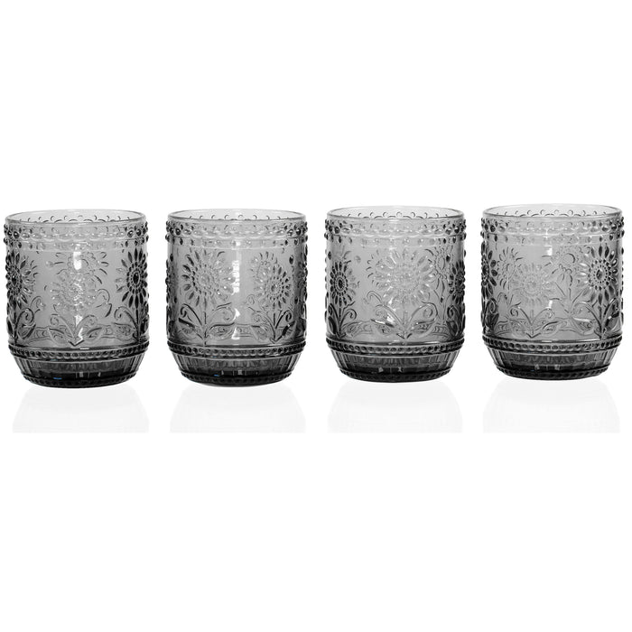 Red Co. Vintage Botanist Drinking Glass Set, Luxurious Floral Embossed Decorative Grеy Glassware, Set of 4, 4-inch, 12 oz