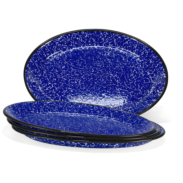 Red Co. Set of 4 Enamelware Metal Classic 13" Serving Oval Tray Platter, Navy Blue Marble/Black Rim - Splatter Design