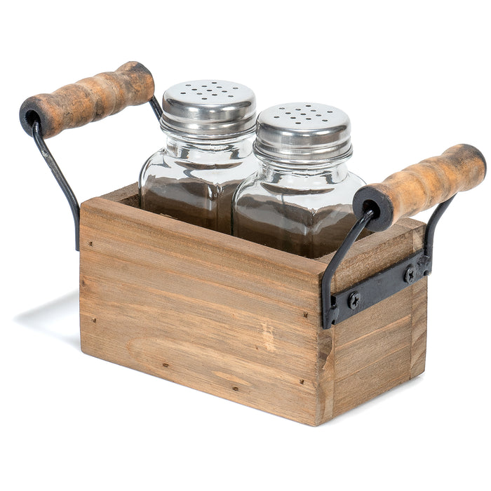 Red Co. Glass Salt & Pepper Shakers in 4” Wooden Carrying Caddy with Handles, Distressed Brown