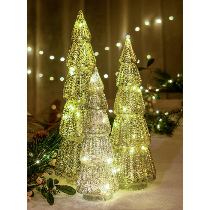 Red Co. 10.5”, 12.5”, 14.5” Light-Up Mercury Glass Christmas Tree Tabletop Display Figurine Set of 3 Sizes, Teal Blue