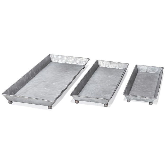 Red Co. Set of 3 Decorative 12.5” to 17.5” Rustic Galvanized Metal Trays with Distressed Finish