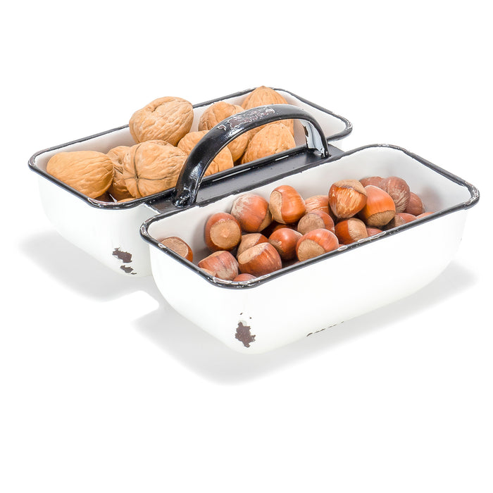 Red Co. 7.5” x 4.5” Enamelware 2-Compartment Serving & Storage Caddy Nut Bowl, White/Black Rim