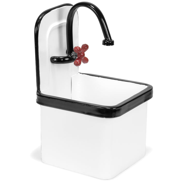 Red Co. 7” x 12.5” Decorative Enameled Metal Hanging Vintage Farmer Sink Planter, Solid White/Black Rim