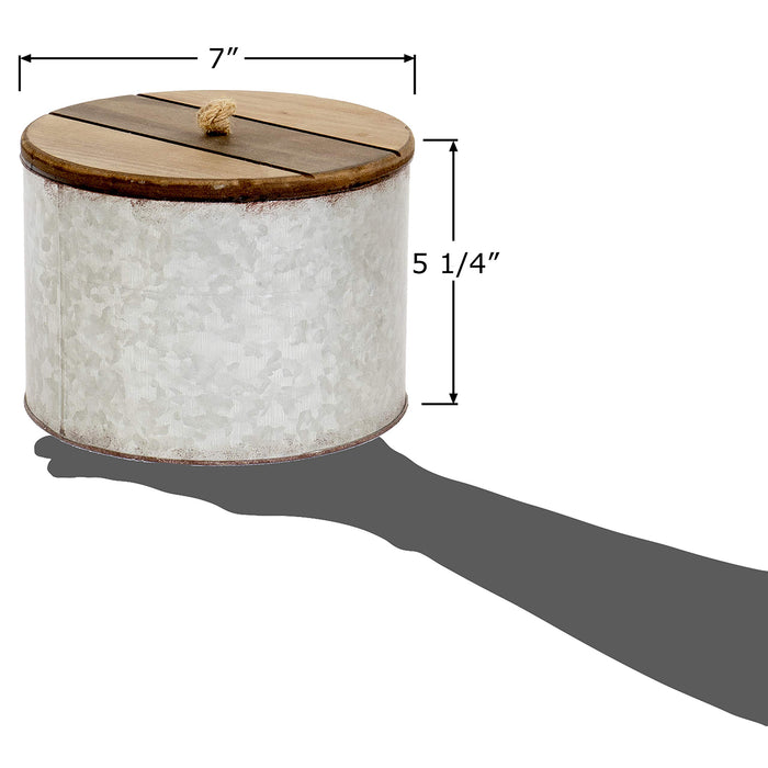 Red Co. 7 inch Round Decorative Rustic Galvanized Metal Storage Box with Wooden Lid, Rusted Grey/Brown