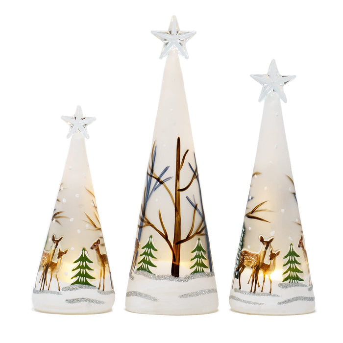 Red Co. , 11”, 9.5”, and 8” Glass Christmas Tree Figurine Ornaments with LED Lights, Light-Up Holiday Season Décor – Deer in Snowy Woods – Set of 3 Sizes