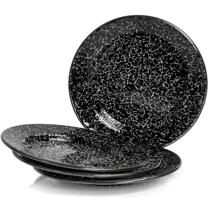 Red Co. Set of 4 Enamelware Metal Classic 10" Round Dinner Plate, Black Marble/Black Rim - Splatter Design