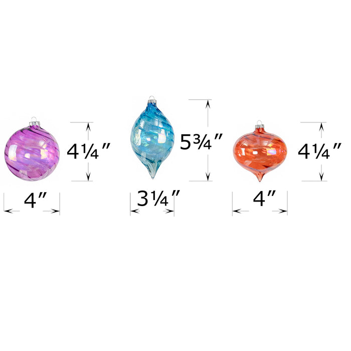 Red Co. Set of 12 Decorative 4” to 6” Assorted Iridescent Multicolor Glass Hanging Christmas Tree Ornaments - Olive, Ball & Onion