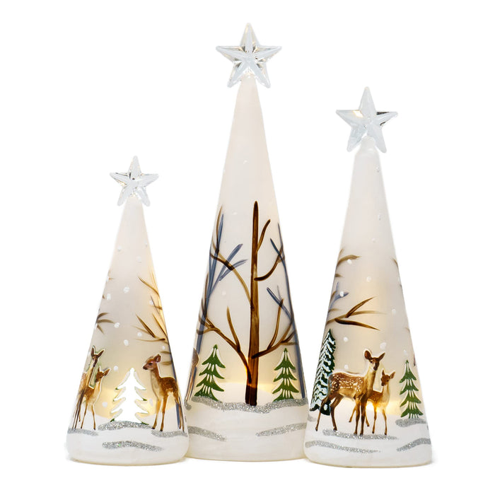 Red Co. , 11”, 9.5”, and 8” Glass Christmas Tree Figurine Ornaments with LED Lights, Light-Up Holiday Season Décor – Deer in Snowy Woods – Set of 3 Sizes