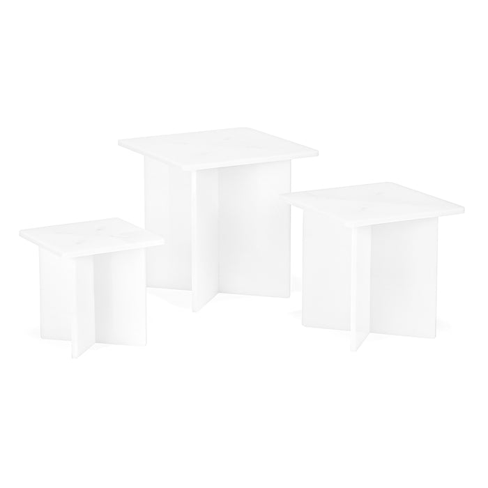 Red Co. Set of 3 Sizes (4”, 5”, 6”) Decorative Square Top Acrylic Cross Leg Pedestal Display Risers, White