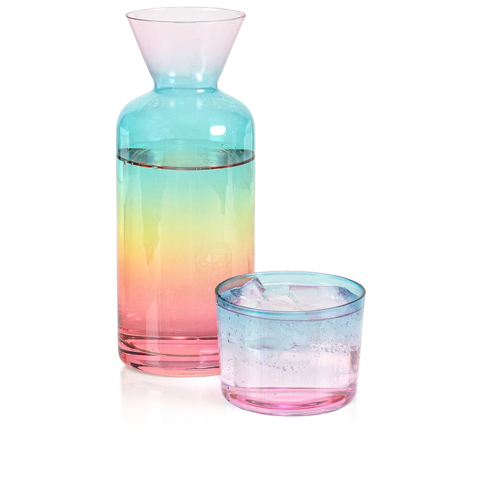 Red Co. Rainbow Sprayed Glass 21 Fl Oz Bedside Water Carafe with Tumbler – 2-Piece Beverage Set