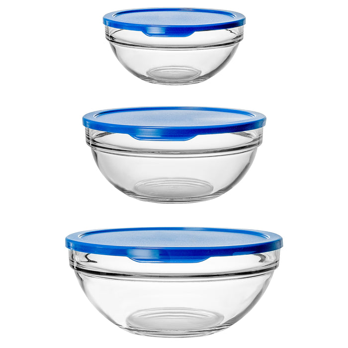 Red Co. Set of 3 Round Glass Food Storage Bowl Containers with Blue Lids – 7-Cup, 4.75-Cup, 2.5-Cup