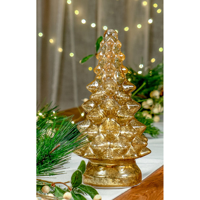 Red Co. 9.75” Light-Up Glass Christmas Tree Tabletop Display Figurine with LED Lights, Mercury Gold