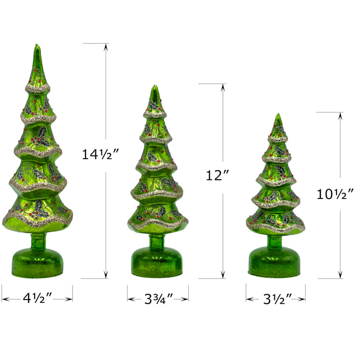 Red Co. Set of 3 (14.5”, 12”, 10.5”) Glass Light-Up Decorative Tabletop Christmas Tree Holiday Figurine with LED Lights, Festive Green