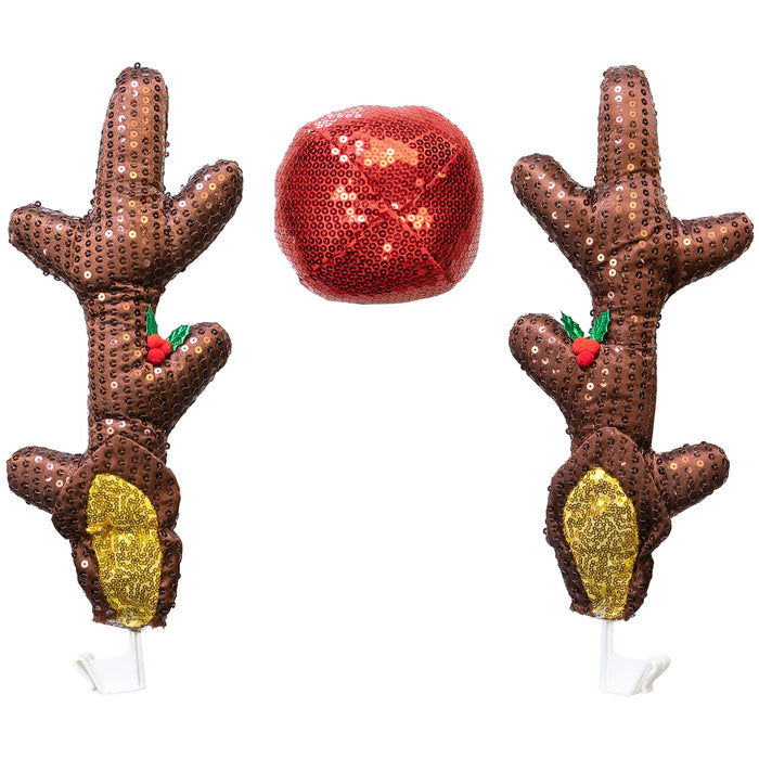 Red Co. 16” Sequined Reindeer Antlers & Nose Christmas Car Costume Kit, Dark Brown