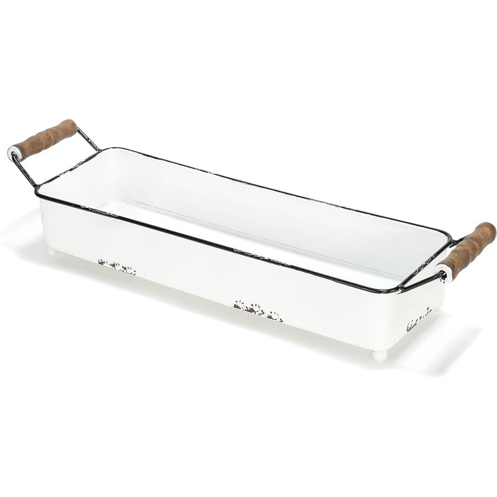 Red Co. 19.5" x 4.5" Enamelware Metal Serving Tray with Wooden Handles, Distressed White/Black Rim