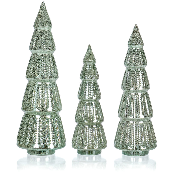Red Co. 10.5”, 12.5”, 14.5” Light-Up Mercury Glass Christmas Tree Tabletop Display Figurine Set of 3 Sizes, Teal Blue