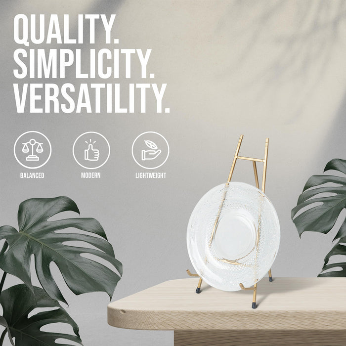 Red Co. 15” Tall Modern Metal Tripod Plate Stand and Art Holder Easel, Gold