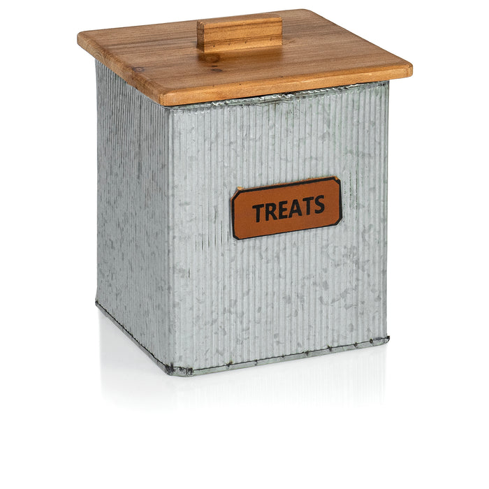 Red Co. Dog & Cat Treats Corrugated Metal Storage Canister with Wooden Lid, Distressed, 7.25" x 8”