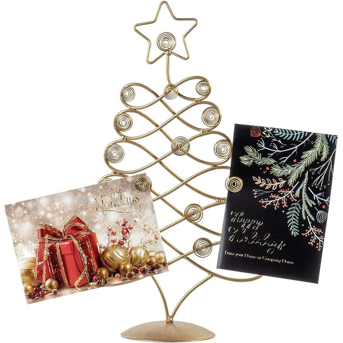 Red Co. 17.5" H Decorative Tabletop Display Christmas Tree Card & Photo Holder Rack in Old Gold Finish