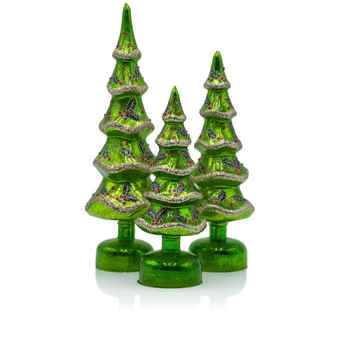 Red Co. Set of 3 (14.5”, 12”, 10.5”) Glass Light-Up Decorative Tabletop Christmas Tree Holiday Figurine with LED Lights, Festive Green