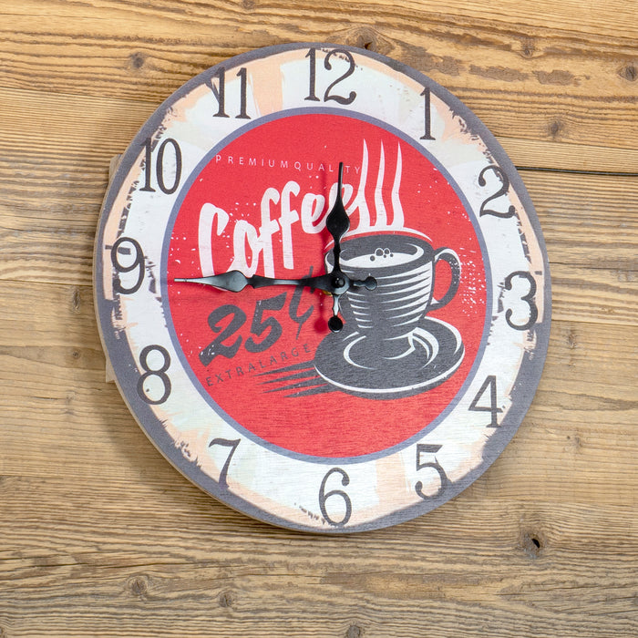Red Co. 13” Round Vintage Decorative Wooden Coffee 25 Cents Wall Clock, Distressed Red & White