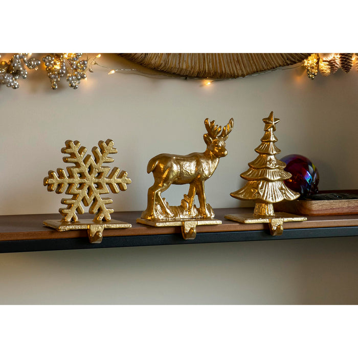 Red Co. Set of 3 Snowflake, Reindeer & Christmas Tree Decorative Cast Iron Stocking Holders in Old Gold Finish