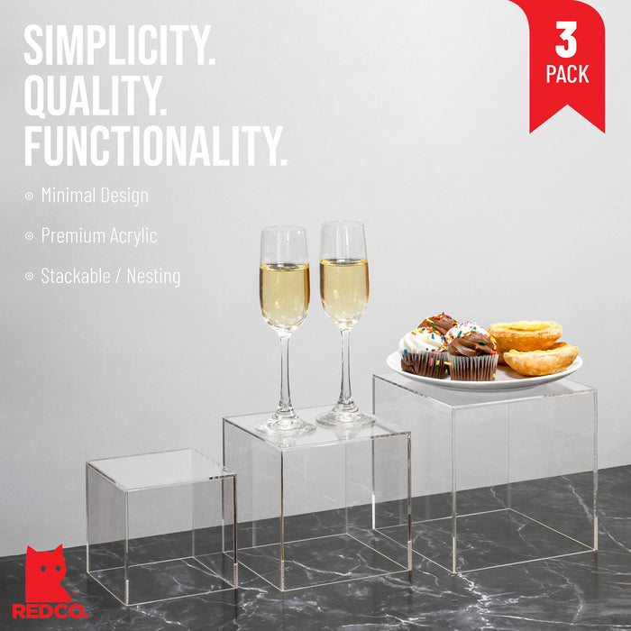 Red Co. Set of 3 Crystal Clear Acrylic Cube Display Nesting Riser Stands with Hollow Bottoms | Transparent