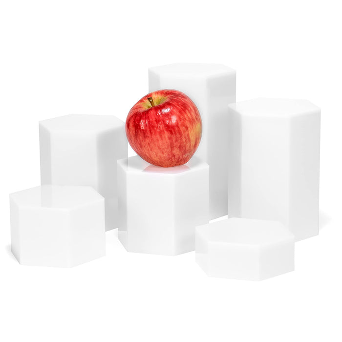 Red Co. Glossy White Hexagonal Acrylic Jewelry Figure Showcase Display Riser Stands with Hollow Bottoms |6-Pack