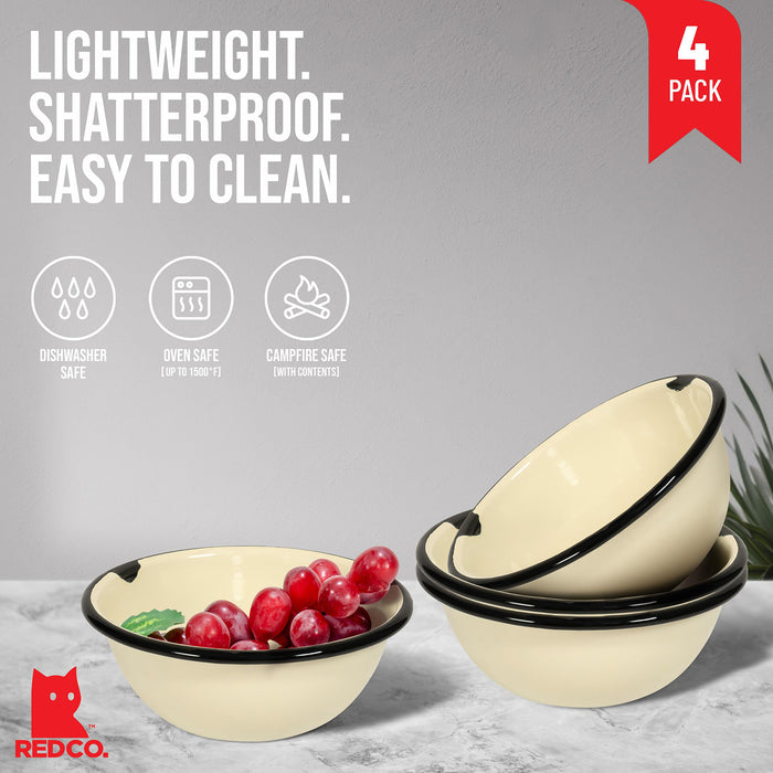 Red Co. Set of 4 Enamelware Metal Classic 20 oz Round Cereal Bowl, Distressed/Black Rim
