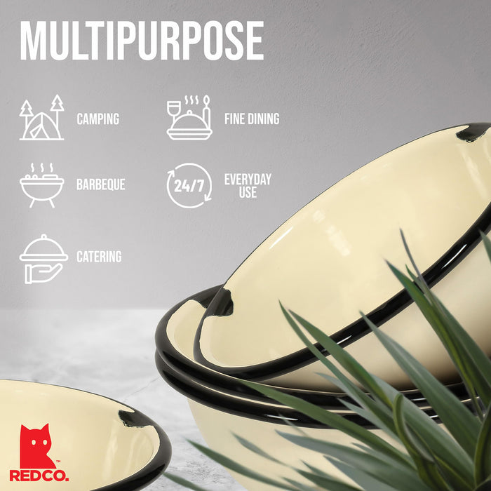 Red Co. Set of 4 Enamelware Metal Classic 20 oz Round Cereal Bowl, Distressed/Black Rim