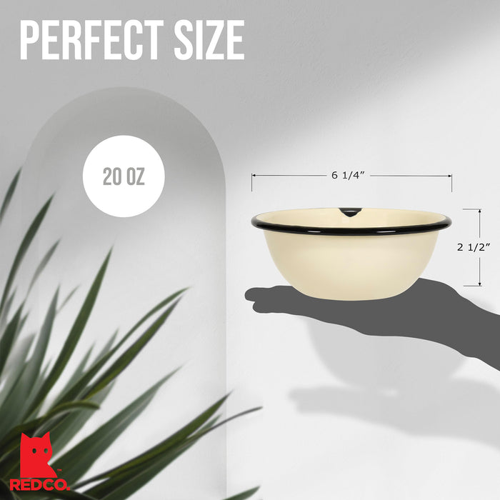 Red Co. Set of 4 Enamelware Metal Classic 20 oz Round Cereal Bowl, Distressed/Black Rim