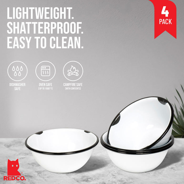 Red Co. Set of 4 Enamelware Metal Classic 20 oz Round Cereal Bowl, Distressed/Black Rim