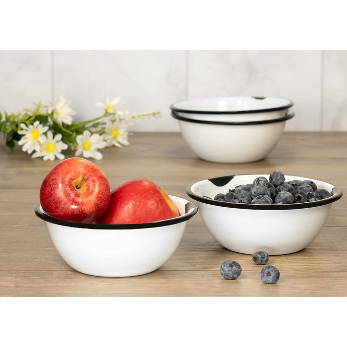 Red Co. Set of 4 Enamelware Metal Classic 20 oz Round Cereal Bowl, Distressed/Black Rim