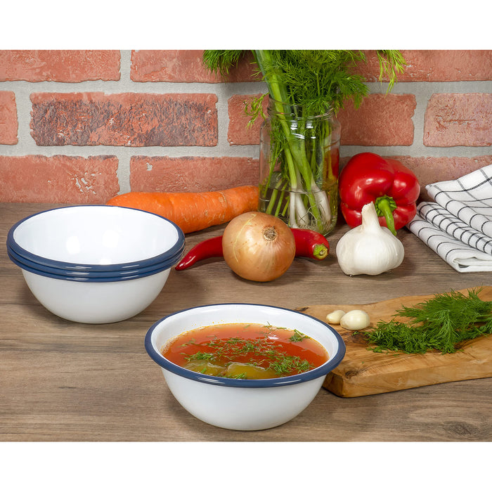 Red Co. Set of 4 Enamelware Metal Classic 20 oz Round Cereal Bowl, Solid White/Color Rim
