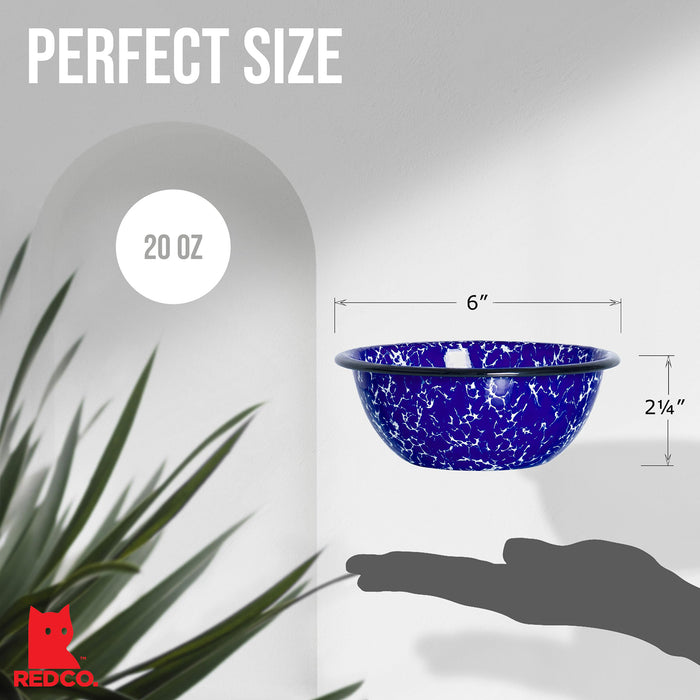 Red Co. Set of 4 Enamelware Metal Classic 20 oz Round Cereal Bowl, Navy Blue Marble/Black Rim - Splatter Design