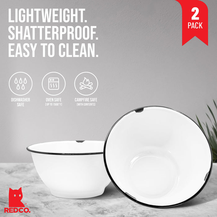 Red Co. Enamelware Large Classic 4 quart Round Salad Serving Bowl, Distressed White/Black Rim - Set of 2
