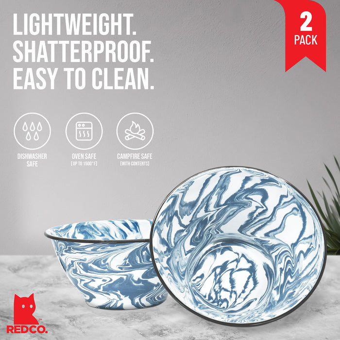 Red Co. Enamelware Large Classic 4 quart Round Salad Serving Bowl - Swirl Design - Set of 2