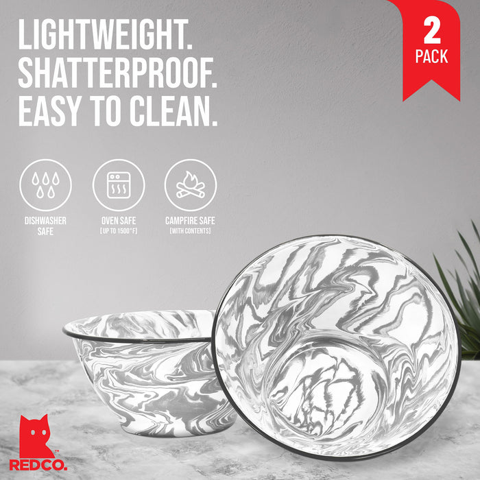 Red Co. Enamelware Large Classic 4 quart Round Salad Serving Bowl - Swirl Design - Set of 2