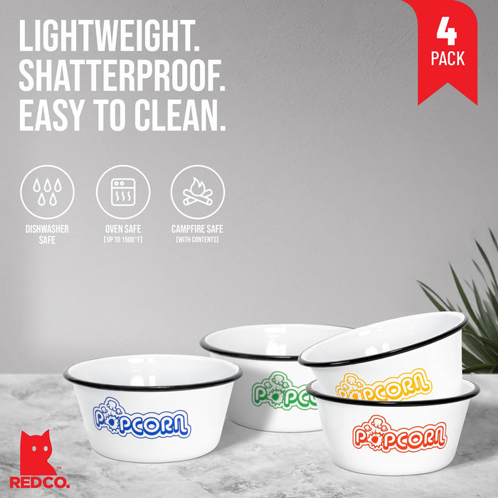 Red Co. Set of 4 White Enamelware Metal Classic 1.2 Quart Popcorn Bowls, Assorted Color Prints/Black Rim