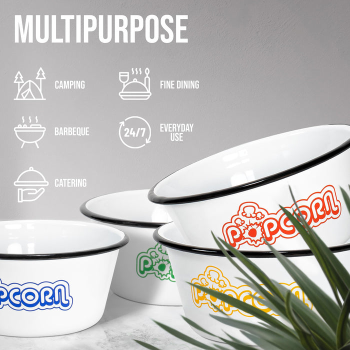 Red Co. Set of 4 White Enamelware Metal Classic 1.2 Quart Popcorn Bowls, Assorted Color Prints/Black Rim