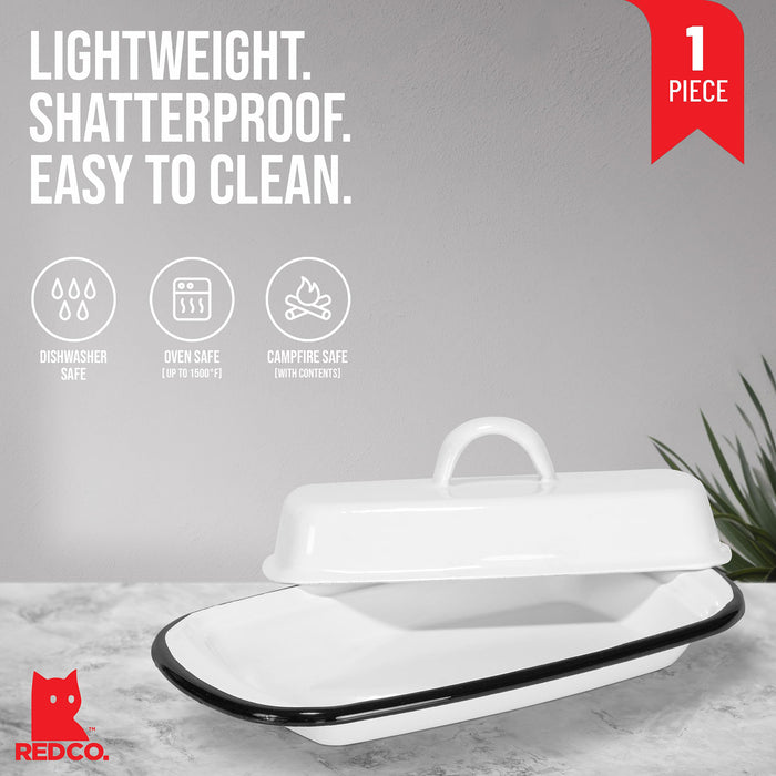 Red Co. 7.75” x 4.5” Enamelware Metal Cheese Server & Butter Dish Holder with Dome Lid, Distressed White/Black Rim
