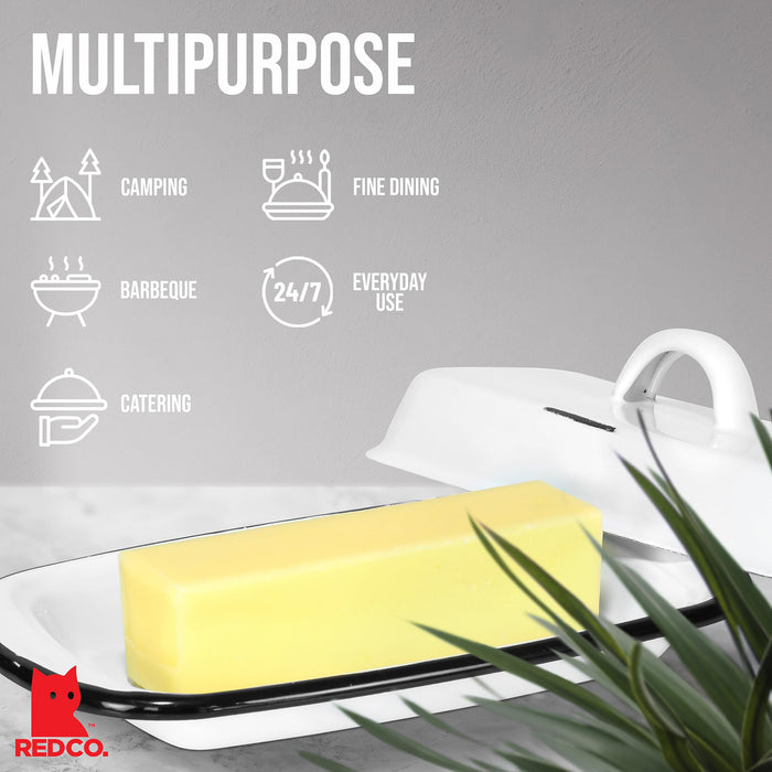 Red Co. 7.75” x 4.5” Enamelware Metal Cheese Server & Butter Dish Holder with Dome Lid, Distressed White/Black Rim