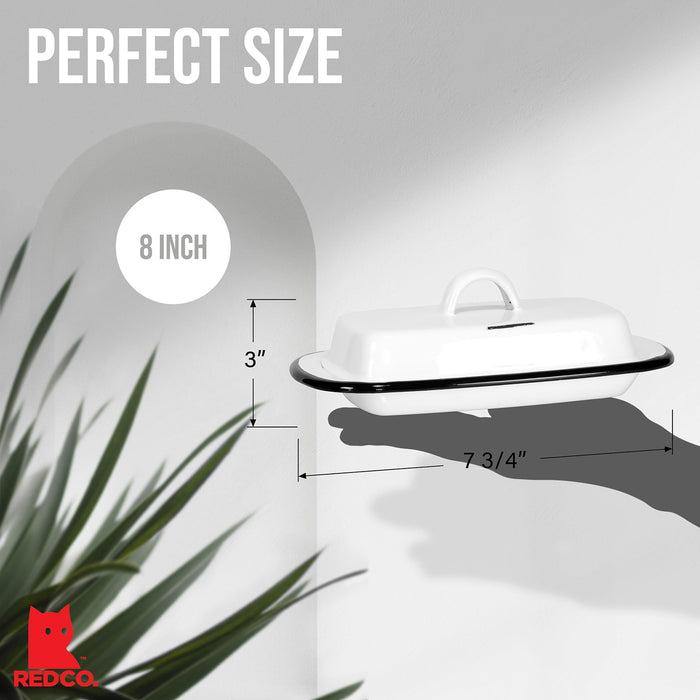 Red Co. 7.75” x 4.5” Enamelware Metal Cheese Server & Butter Dish Holder with Dome Lid, Distressed White/Black Rim