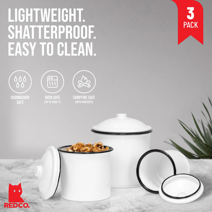 Red Co. White Enamelware Mug Pots with Black Rim & Lid - Set of 3 Nesting Cups, Perfect for Picnic, Camping, Outdoor Activity