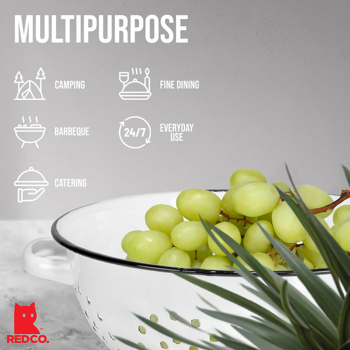 Red Co. Enamelware Metal Classic 10.5 Inch Round Food Strainer Colander with Two Handles, Distressed White/Black Rim