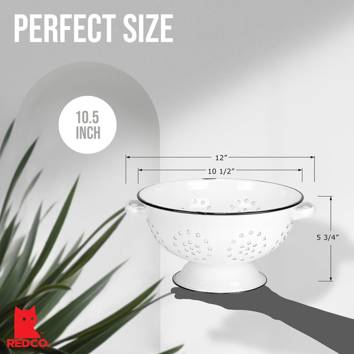 Red Co. Enamelware Metal Classic 10.5 Inch Round Food Strainer Colander with Two Handles, Distressed White/Black Rim