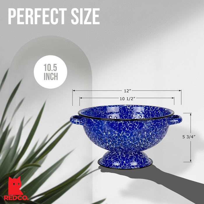 Red Co. Enamelware Metal Classic 10.5 Inch Round Food Strainer Colander with Two Handles, Navy Blue Marble/Black Rim – Splatter Design